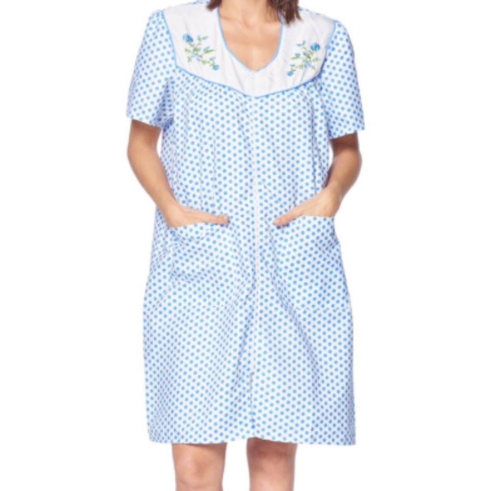 Blue Women's Zipper Front House Dress Short Sleeves Embroidered Housecoat
